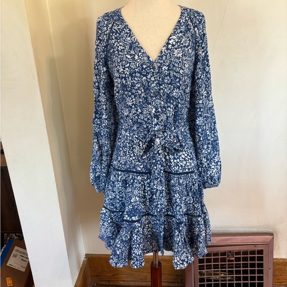 Madewell Tie Waist Long Sleeve Tiered Mini Dress Blue Ditsy Floral Size 00 - Picture 5 of 8